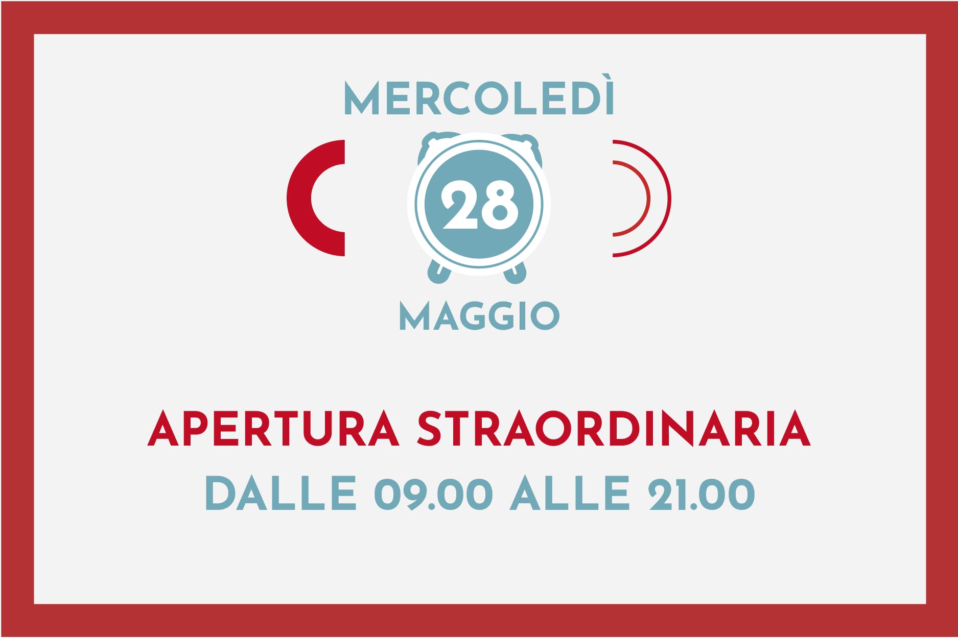 APERTURA STRAORDINARIA Mercoledì 28 Maggio il CENTROCENTRO resterà aperto dalle 09:00 alle 21:00