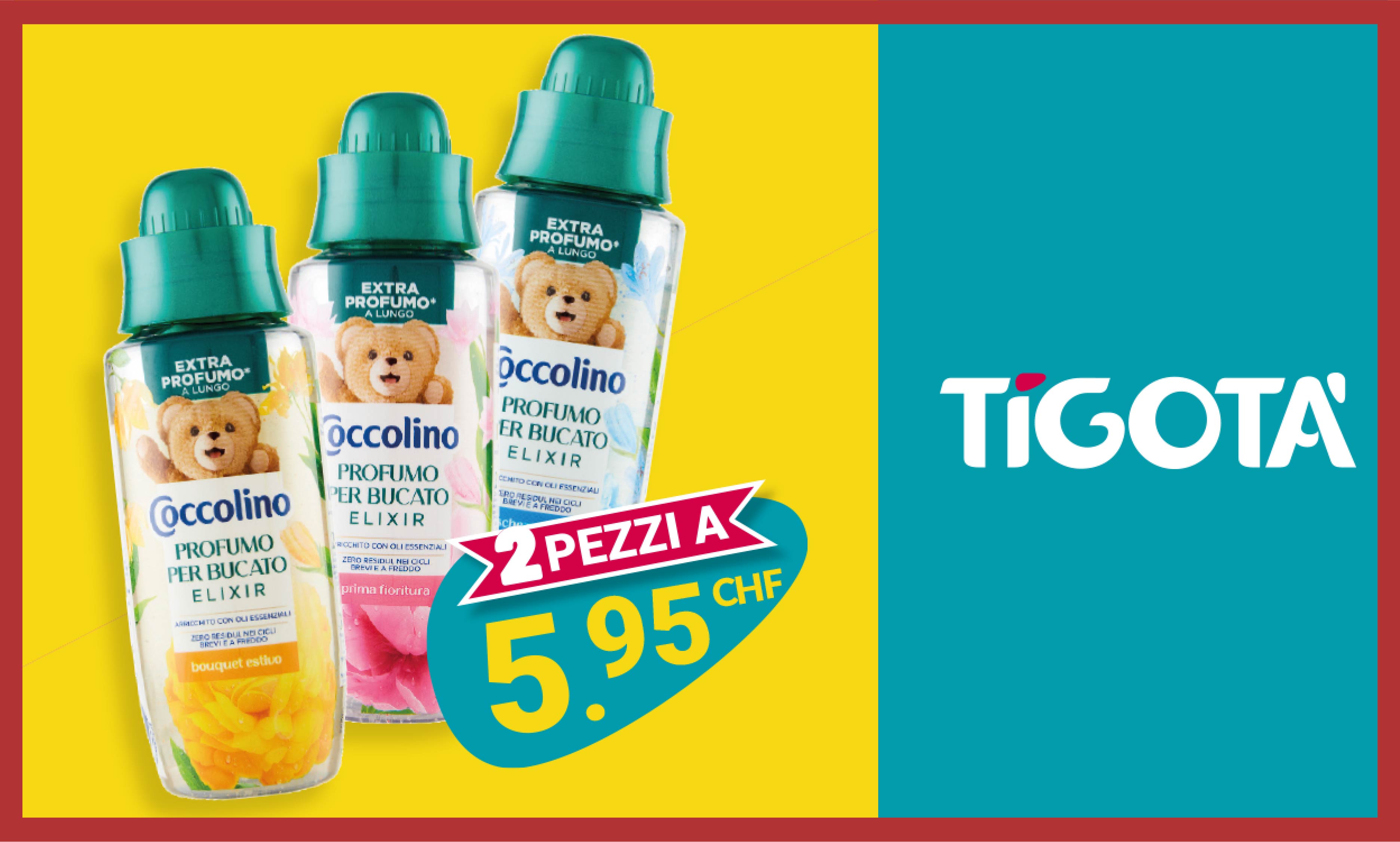 Scopri la convenienza di sempre da Tigotà! Questo mese trovi in offerta 2 pezzi di profumatore per bucato Coccolino a soli CHF 5.95. Approfittane!