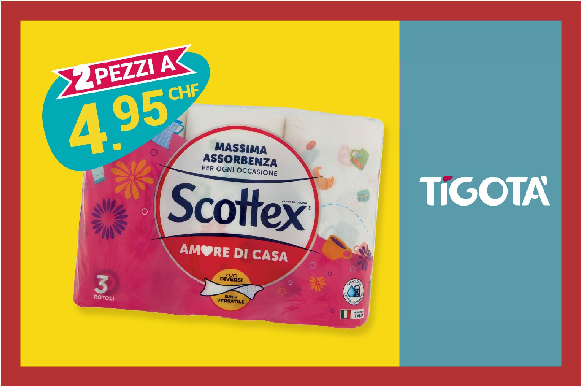 Scopri la convenienza di sempre da Tigotà! Questo mese trovi in offerta 2 confezioni di asciugatutto Scottex Amore di Casa a soli CHF 4.95. Approfittane! 💪