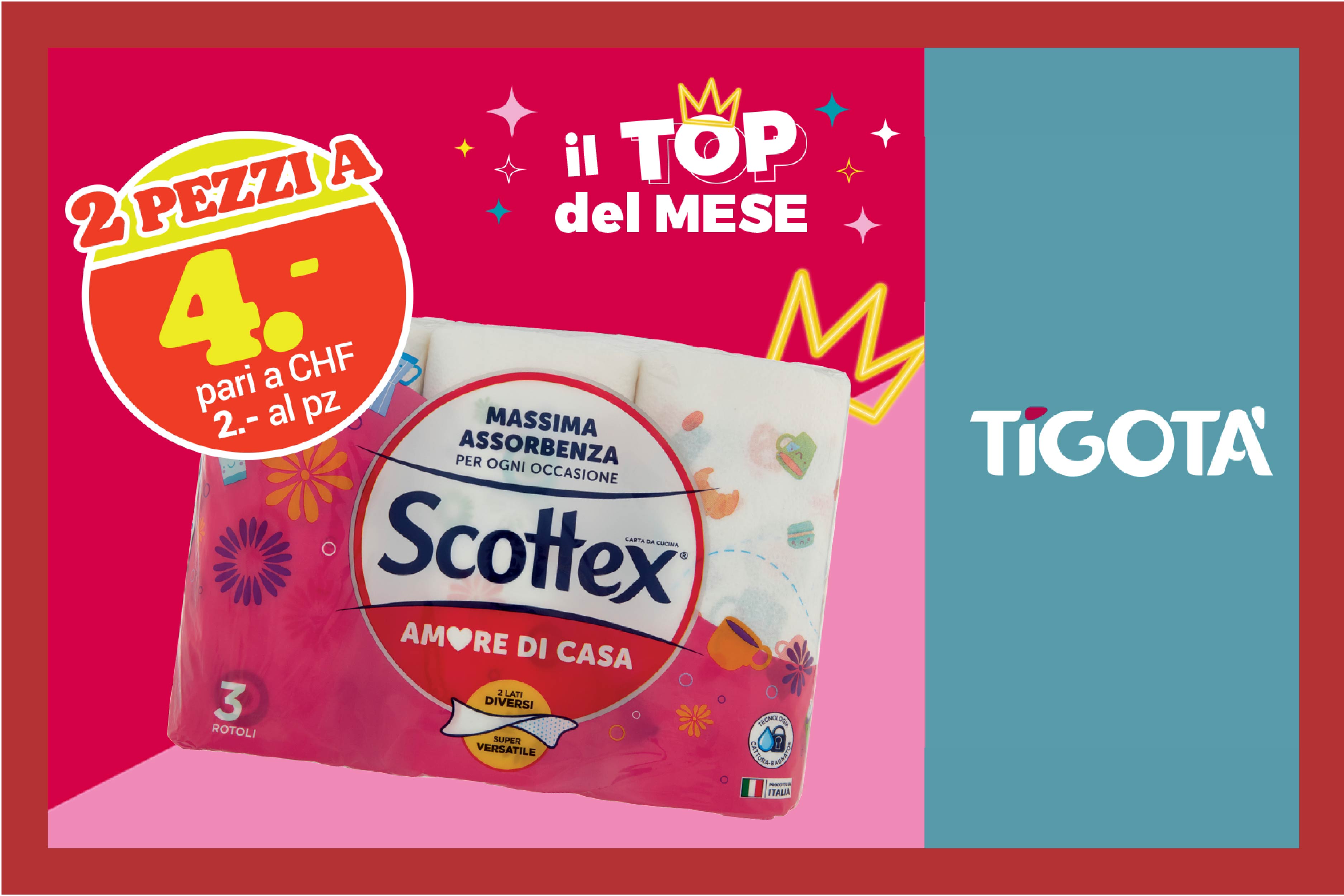 Grande scorta, piccolo prezzo! Scegli l’asciugatutto Scottex Amore di casa: 2 confezioni da 3 rotoli ciascuna sono in offerta a soli CHF 4.-, ovvero appena CHF 2.- a confezione! 🤩