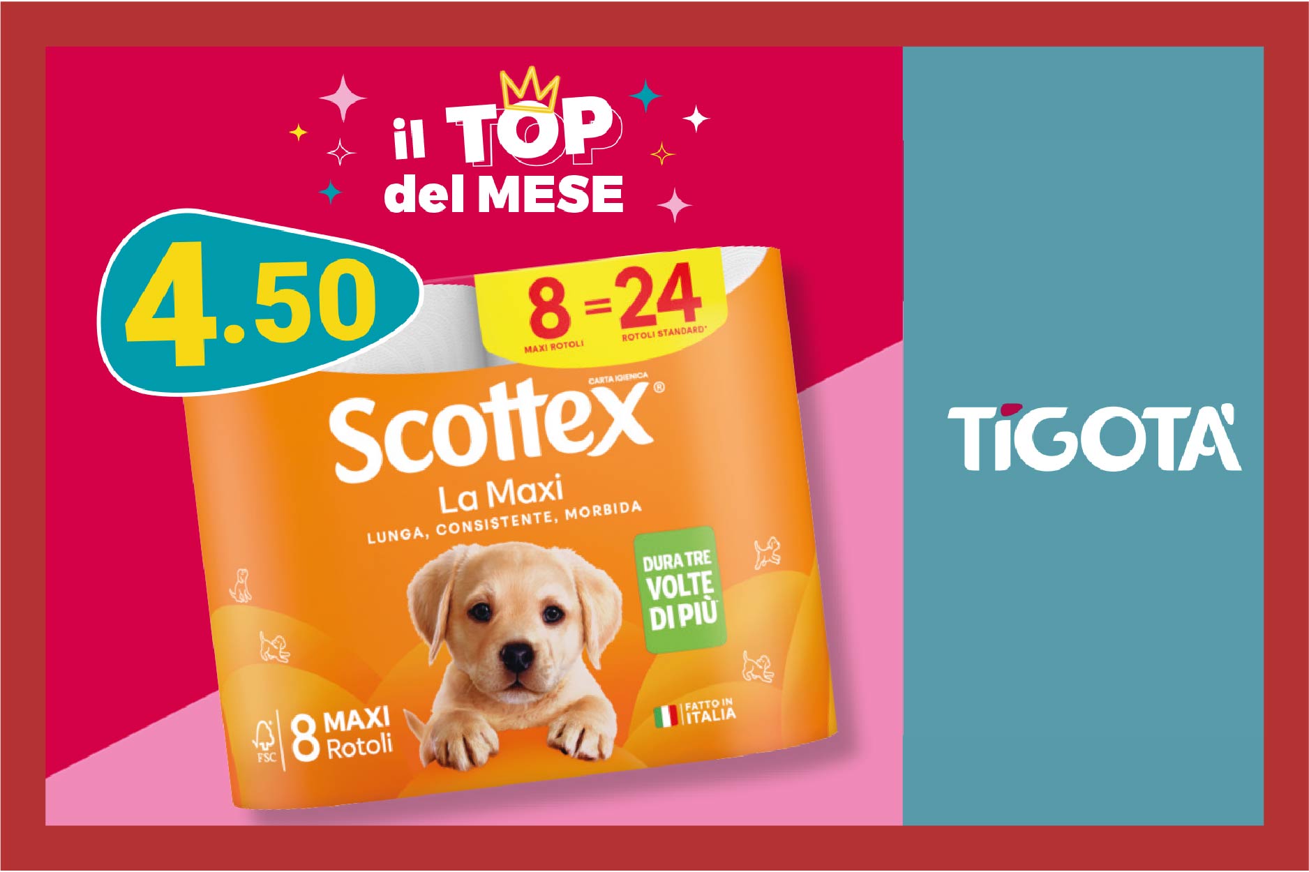 Fai scorta con il prodotto top del mese di agosto da Tigotà: Scottex carta igienica La Maxi da 8 rotoli a CHF 4.50! Non fartela scappare